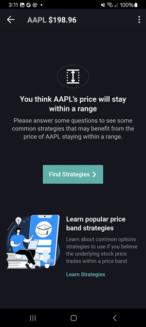 The options wizard find strategies button on the Android Phone